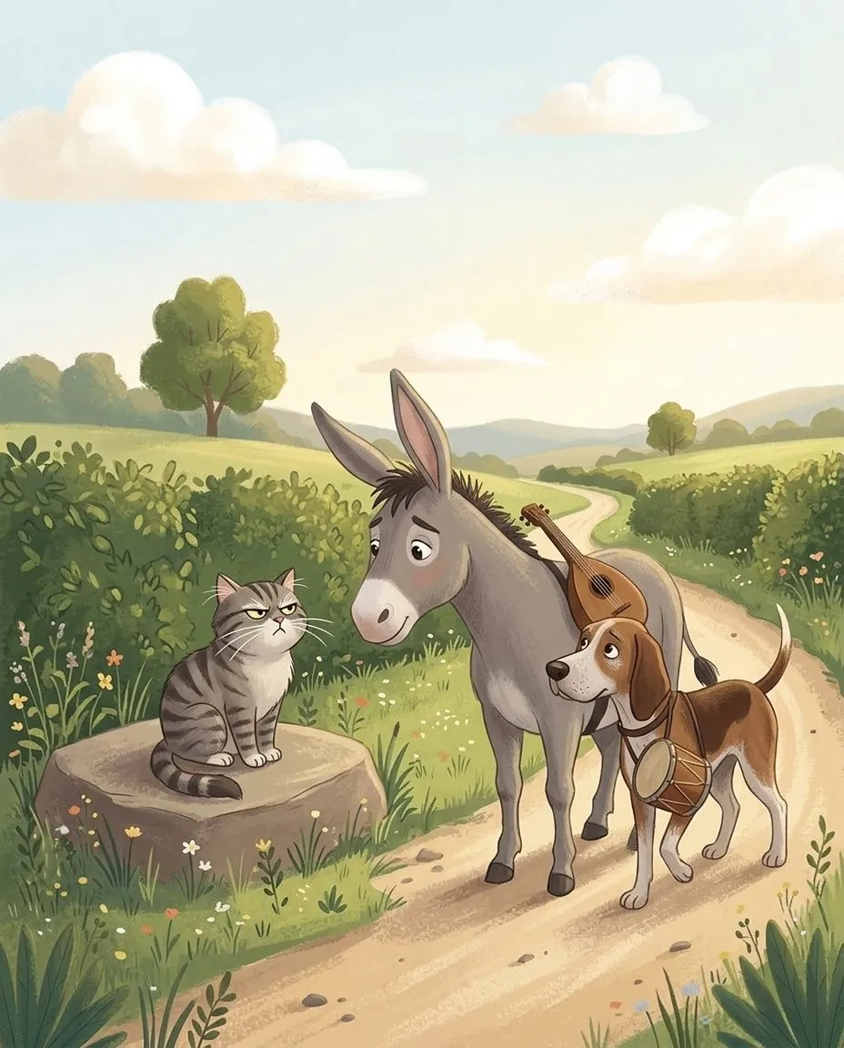 L'âne et le chien rencontrent au bord du chemin un chat à la mine grognonne, assis sur une pierre