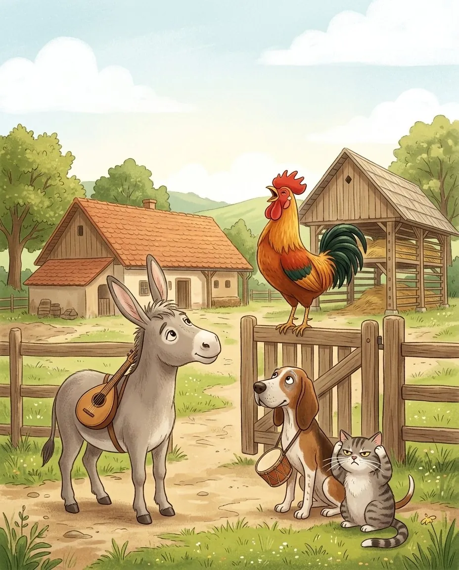 Un coq rouge chante sur le portail d'une ferme, et l'âne, le chien et le chat l'écoutent