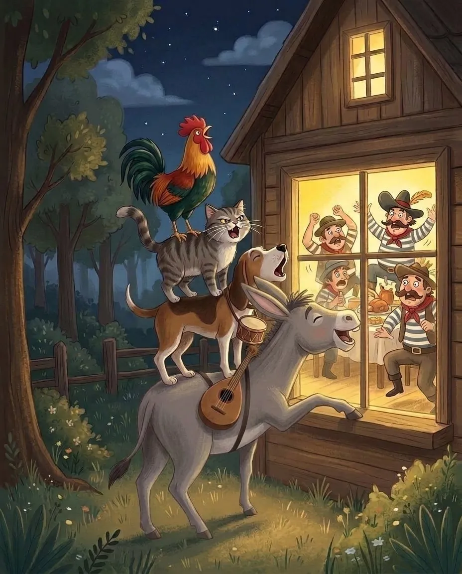L'âne, le chien, le chat et le coq, montés les uns sur les autres devant la fenêtre éclairée, chantent à tue-tête