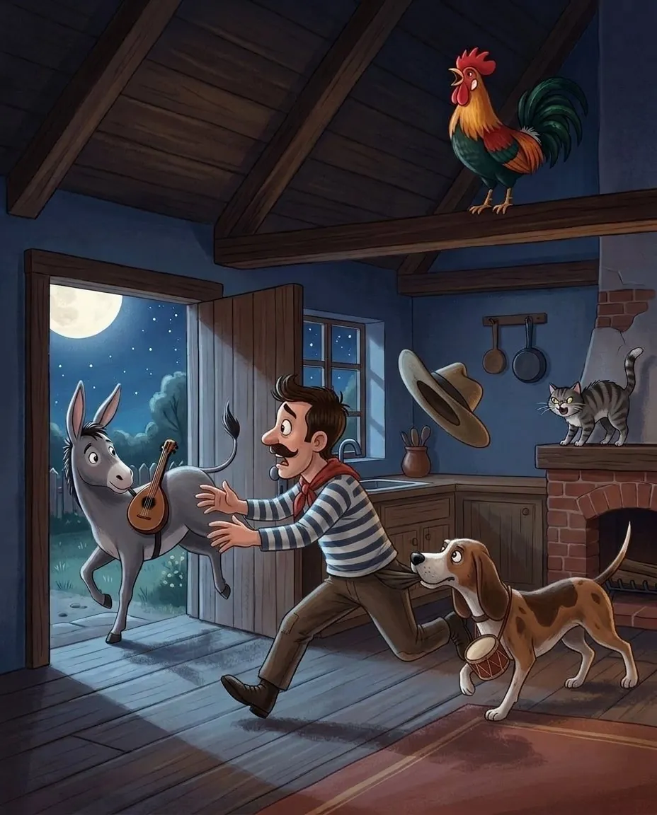 Un brigand effrayé s'enfuit de la cuisine sombre, le chat crache, le chien aboie et l'âne lui lance un coup de sabot