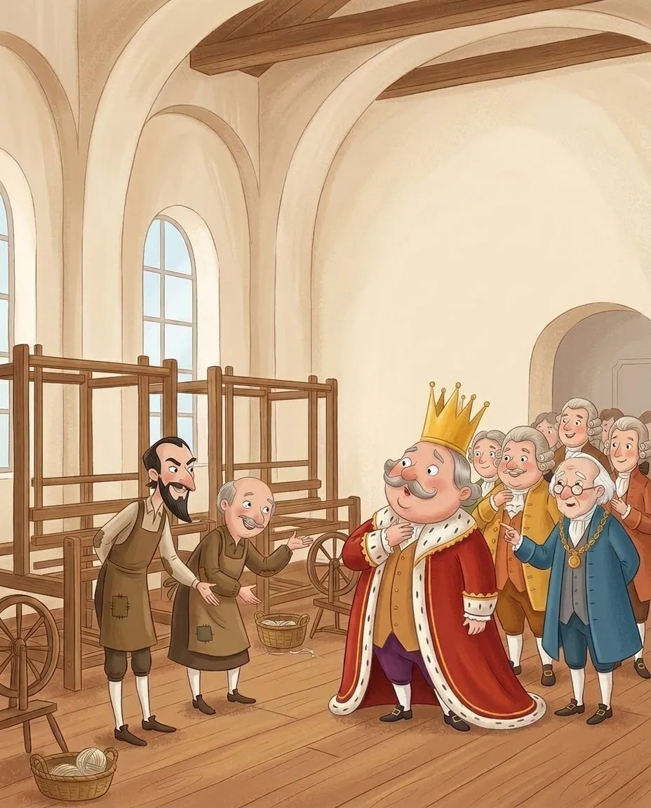 L'empereur et ses courtisans hochent la tête d'un air satisfait devant les métiers vides, alors que personne ne voit rien