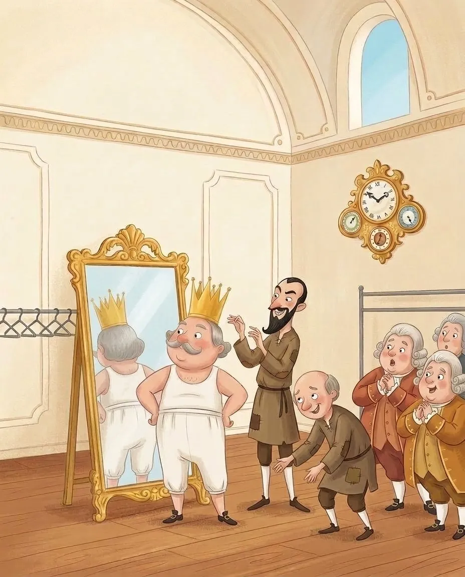 Devant le grand miroir, les escrocs font semblant d'habiller l'empereur de ses habits neufs