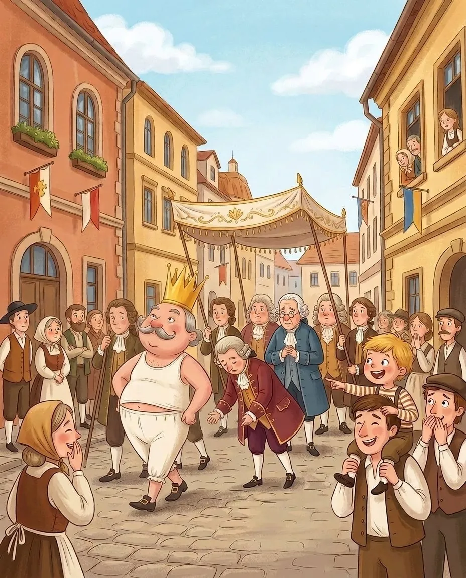 Un petit enfant sur les épaules de son père montre du doigt l'empereur dans la procession, et les gens se retournent, étonnés