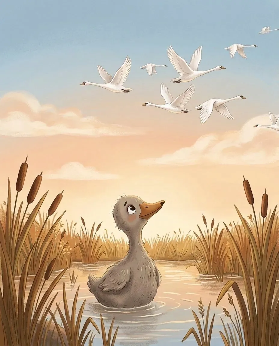 Depuis les roseaux, le caneton regarde des cygnes blancs dans le ciel du soir