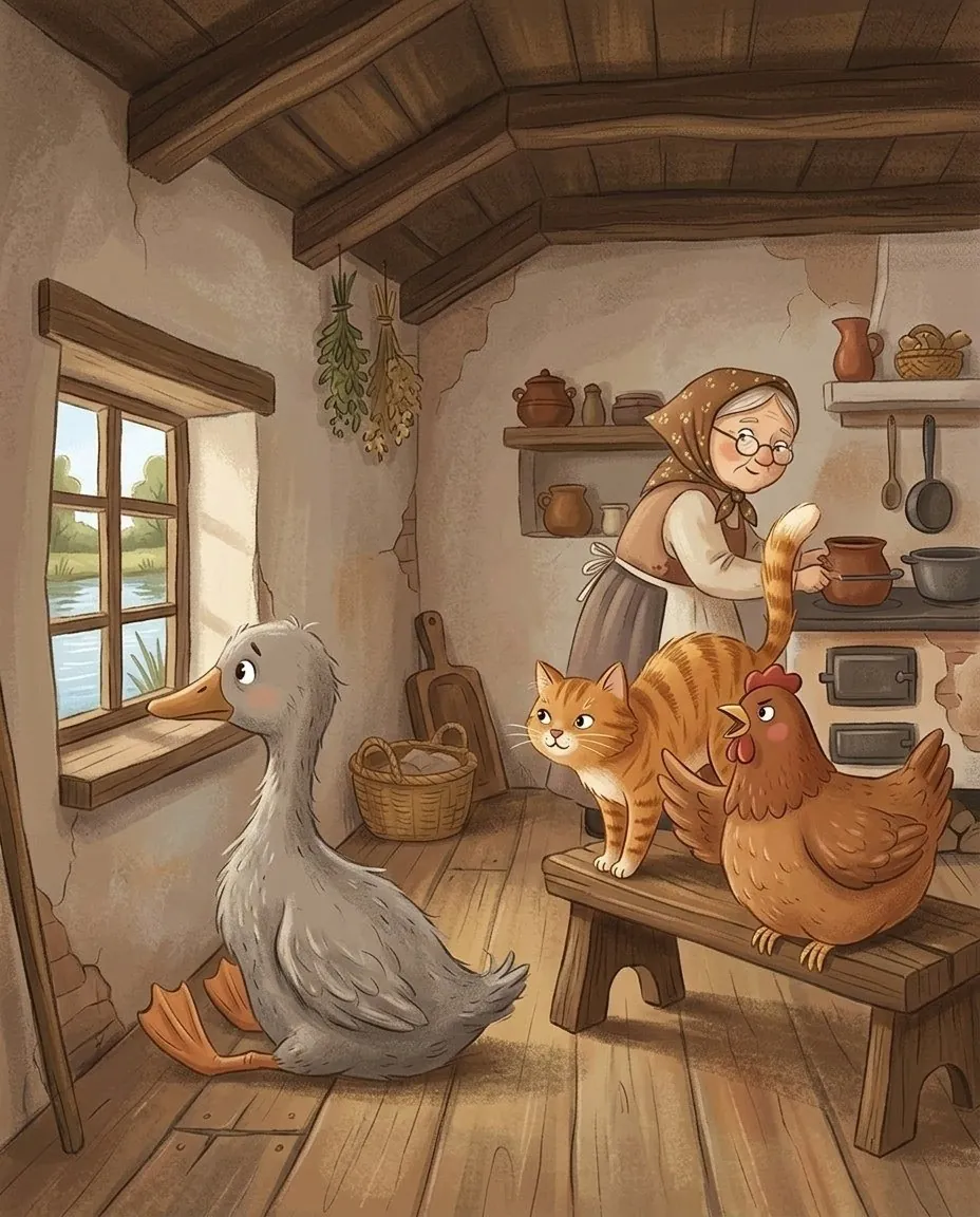 Le caneton est assis dans la petite pièce avec la vieille femme, le chat et la poule
