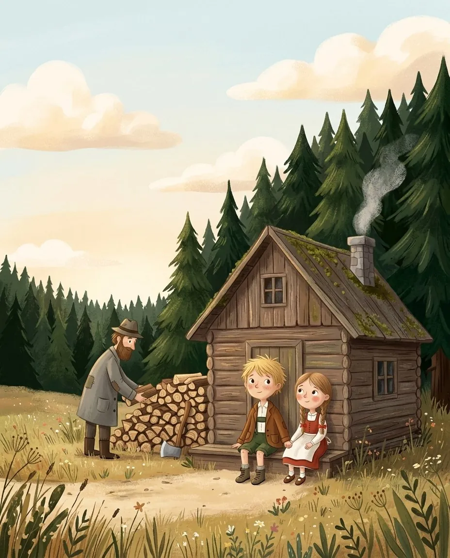 Une petite maison de bûcheron en bois au bord d'une grande forêt, avec Hansel et Gretel devant
