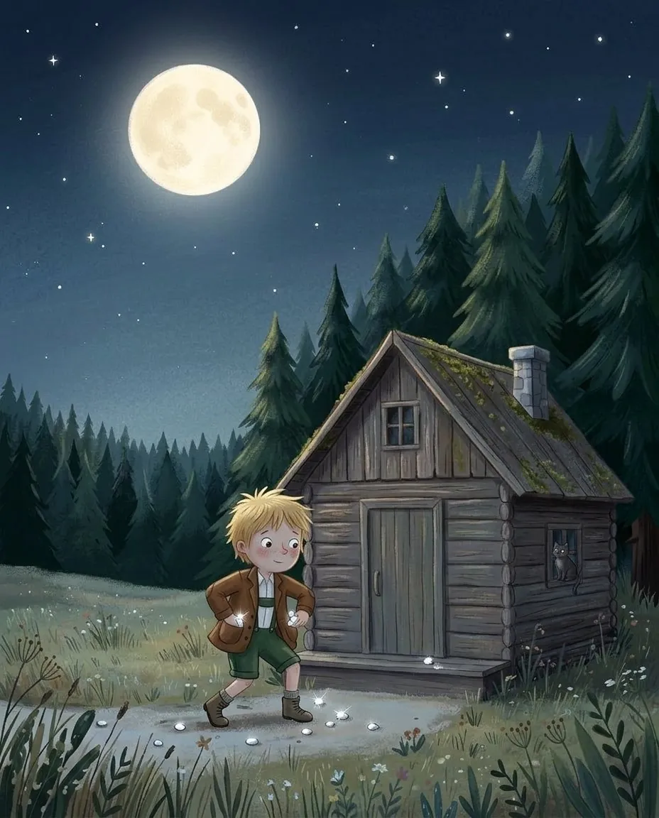 La nuit, au clair de lune, Hansel ramasse des cailloux blancs devant la maison