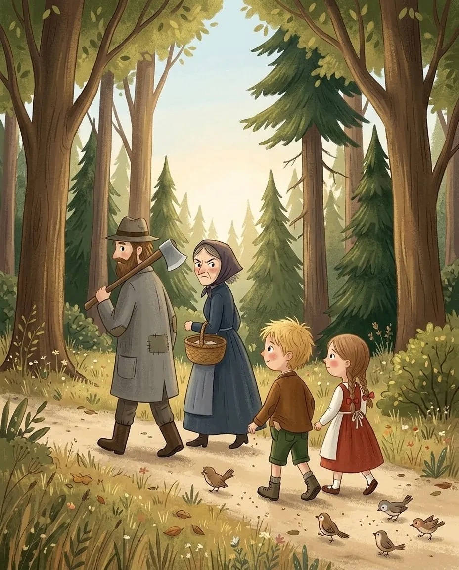Sur le chemin de la forêt, Hansel sème en cachette des miettes de pain, et des petits oiseaux sautillent derrière lui
