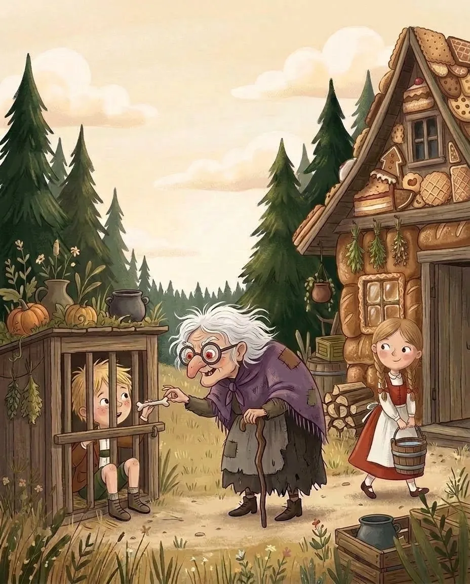 Depuis sa petite étable, Hansel tend un os, et la sorcière qui voit mal le tâte du bout des doigts