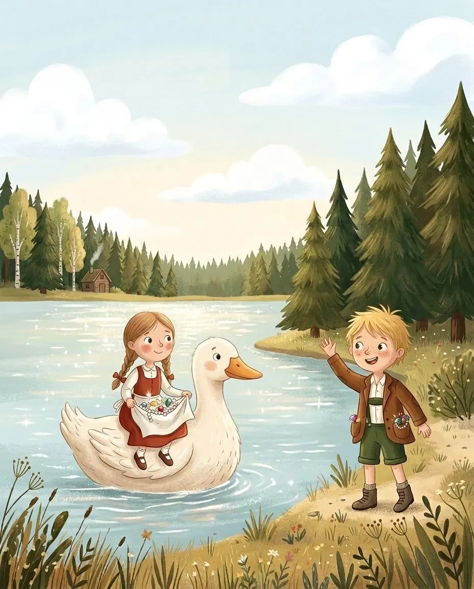 Un canard blanc porte Gretel sur la grande étendue d'eau, et Hansel lui fait signe depuis la rive