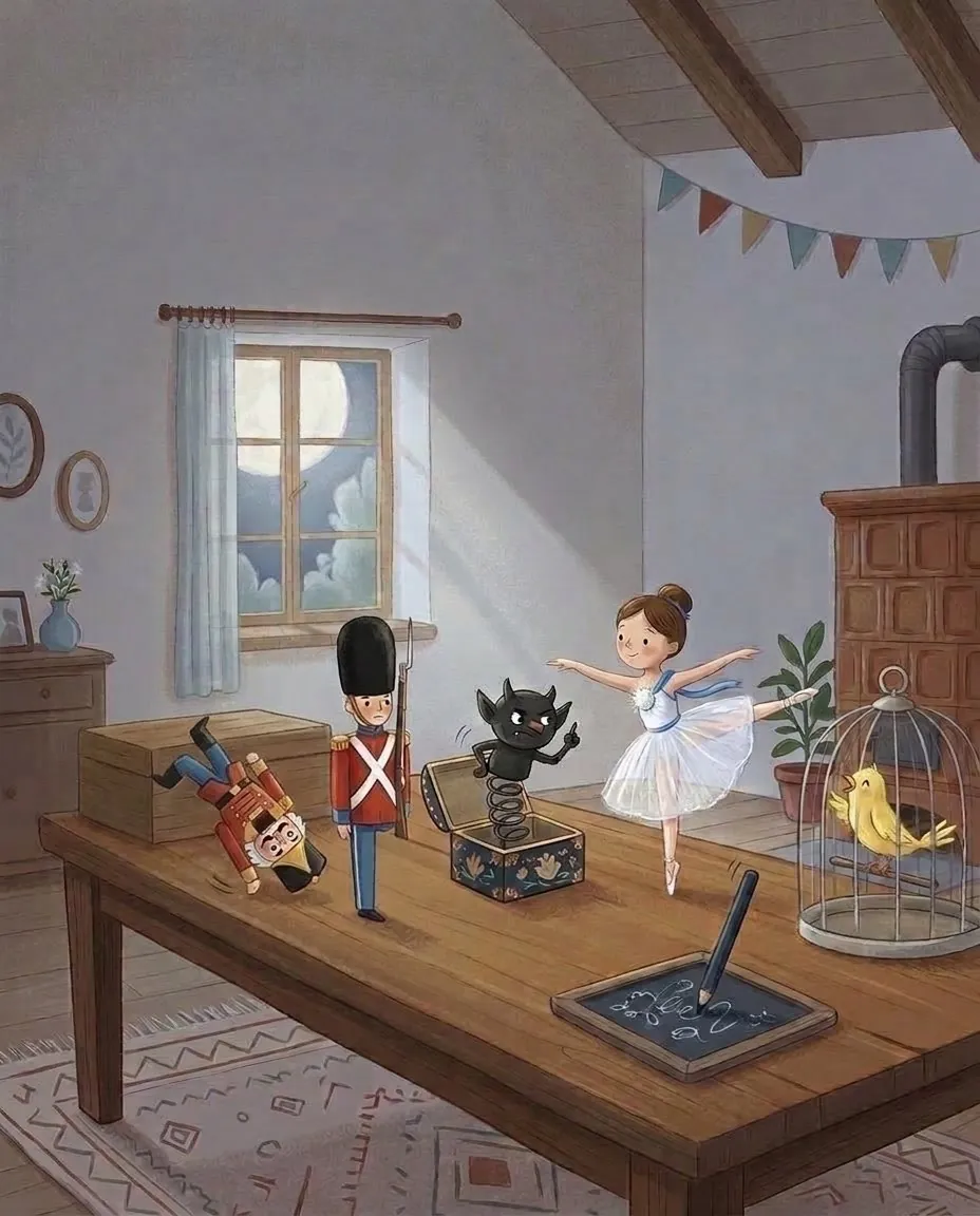 Un petit lutin noir à ressort jaillit de la tabatière, et les jouets dansent sur la table