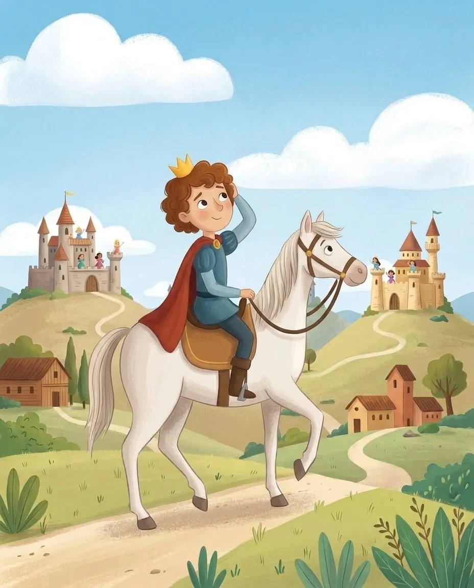 Un jeune prince parcourt le monde à cheval et regarde des princesses devant leurs châteaux