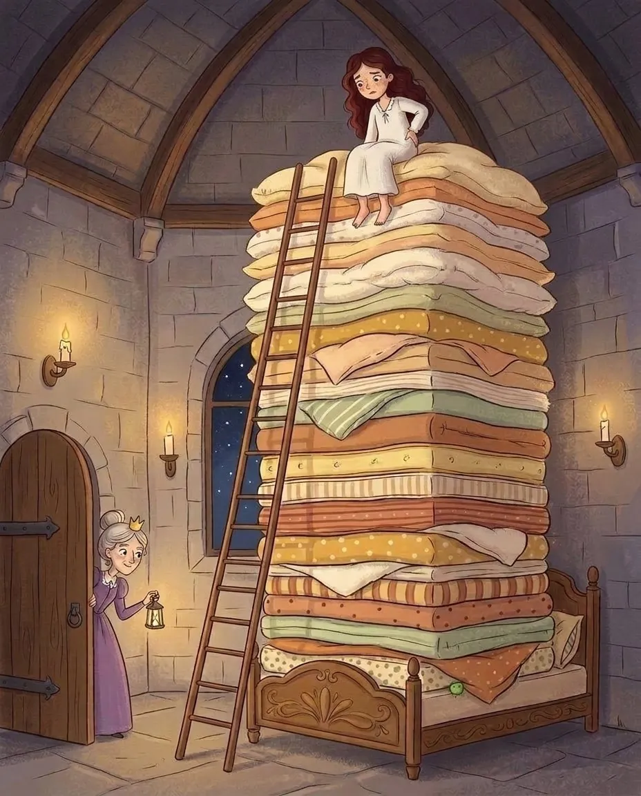 La princesse est assise tout en haut d'une pile de matelas et d'édredons et ne trouve pas de position confortable