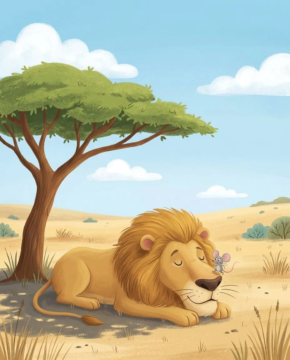 Un petit rat gris court sur le nez d'un grand lion endormi à l'ombre d'un arbre
