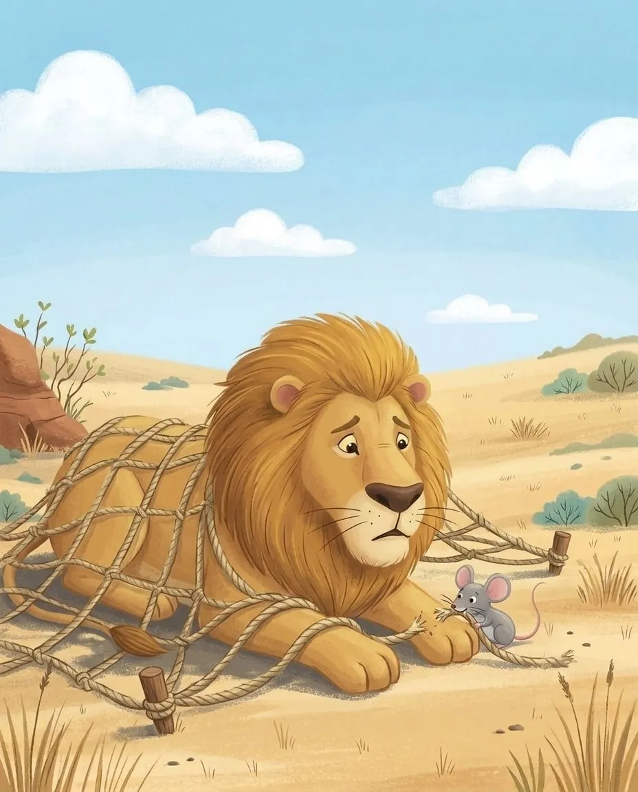 Avec ses petites dents, le petit rat ronge la grosse corde qui retient le lion