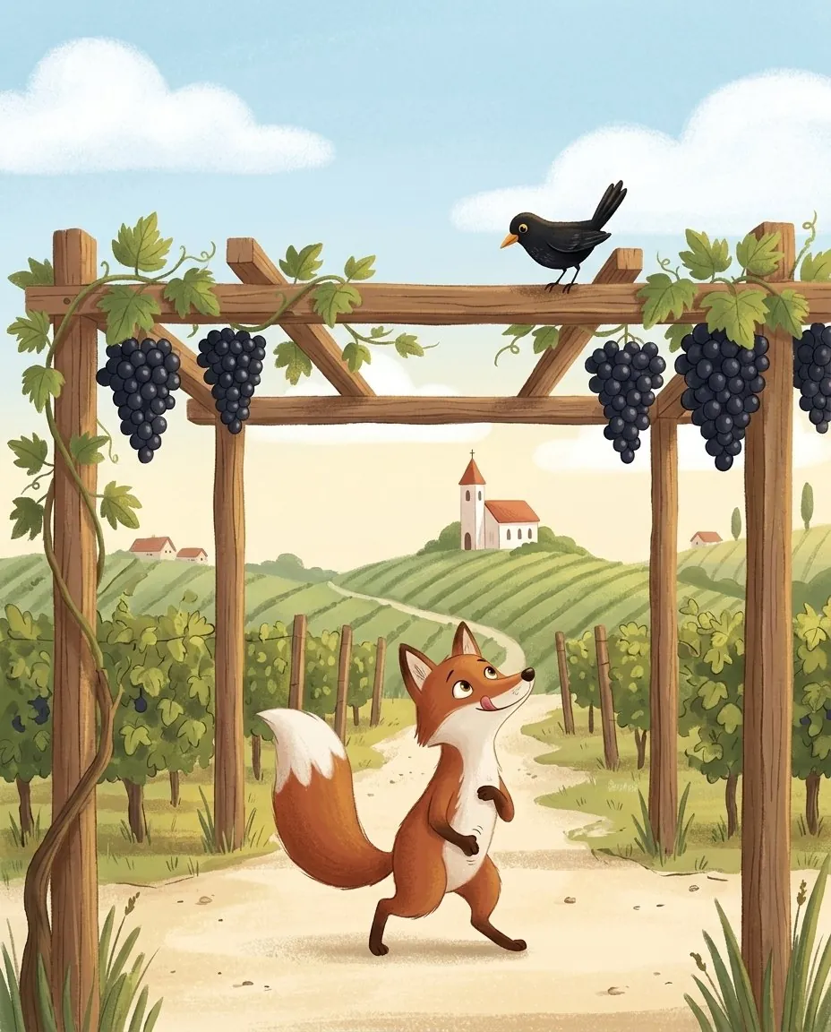 Un renard roux affamé trottine sur un chemin poussiéreux entre des vignes ensoleillées