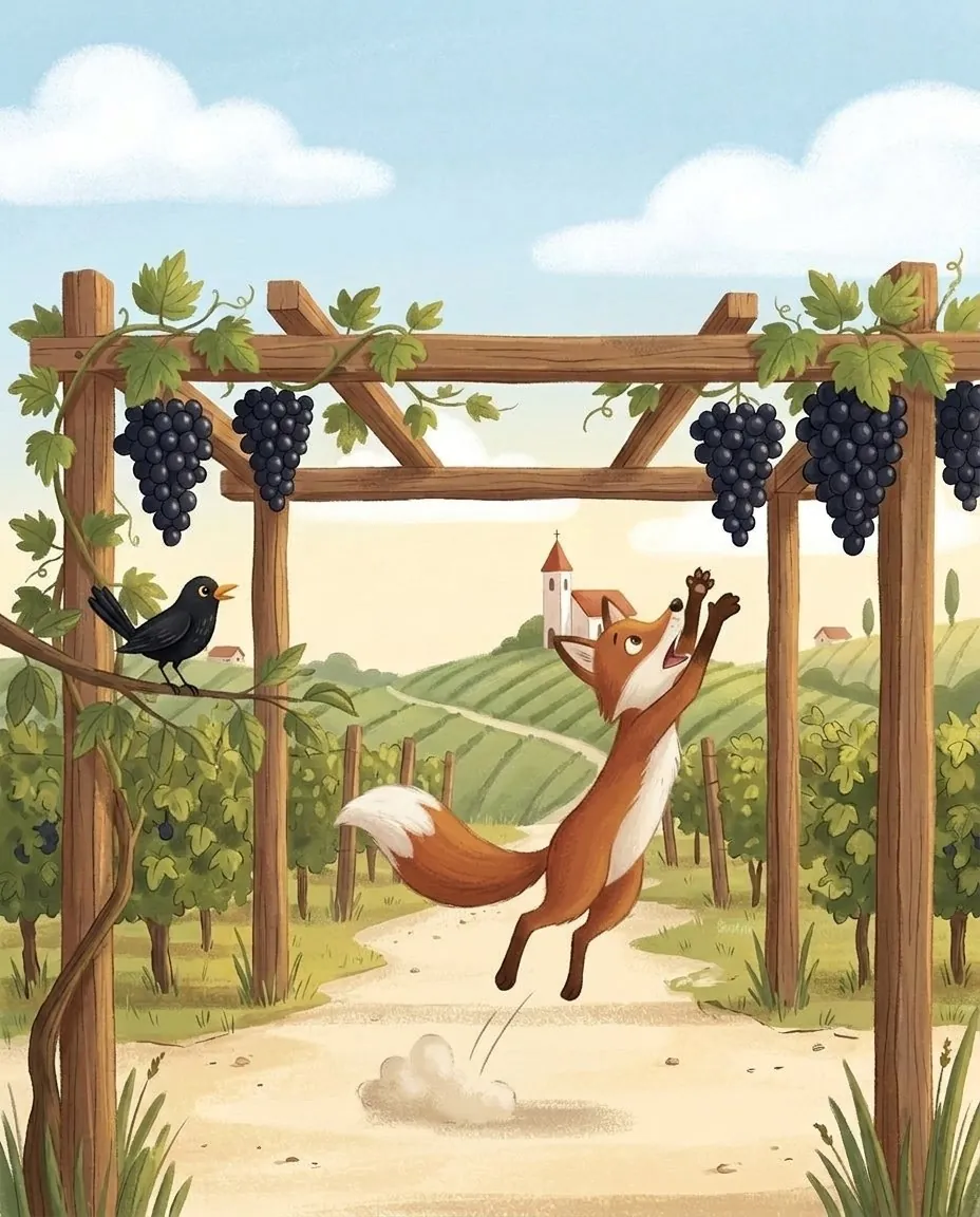 Le renard saute très haut sous la treille, mais les grappes sombres pendent trop haut pour lui