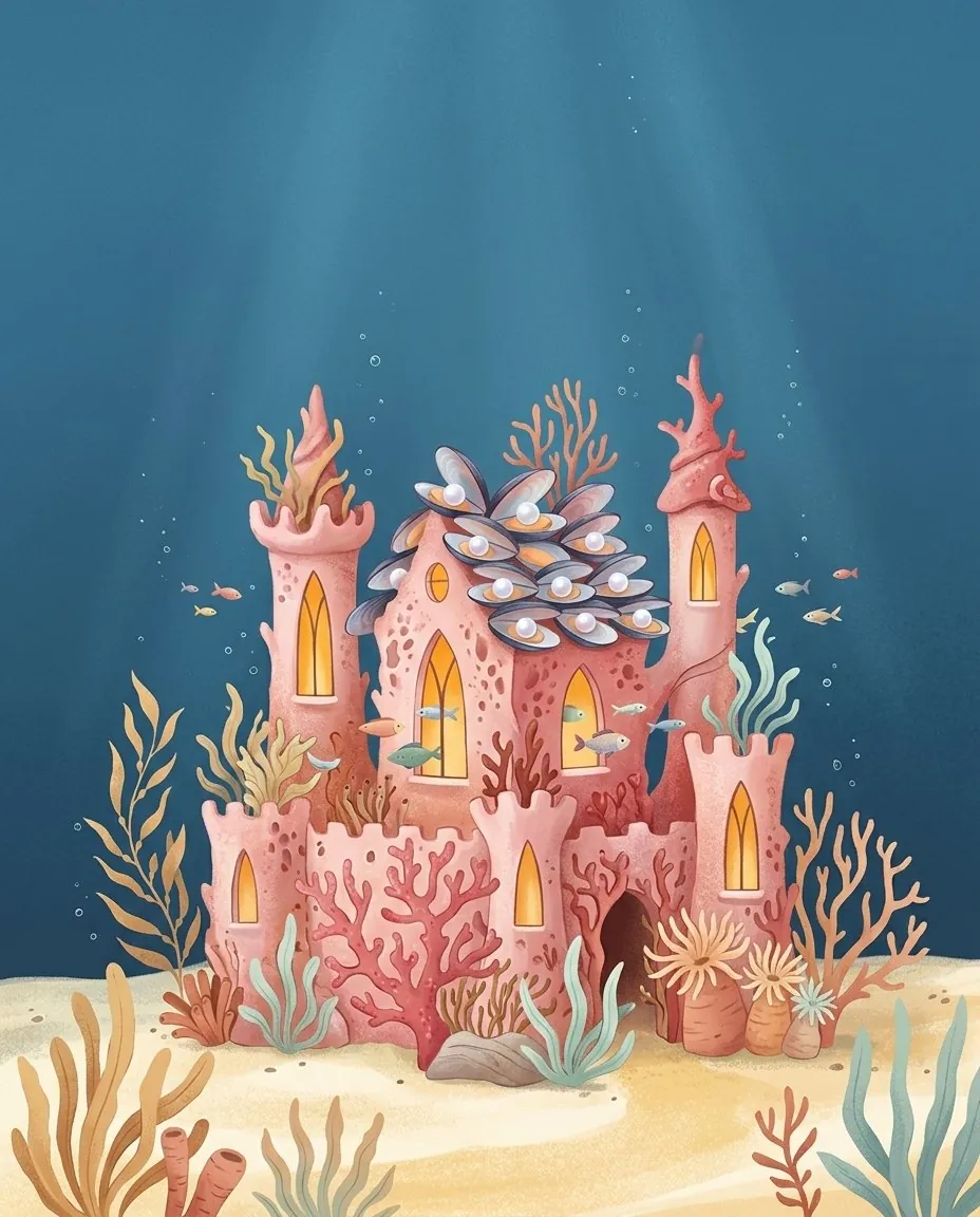 Un château de corail aux fenêtres d'ambre au fond de la mer bleue, entouré de poissons qui nagent