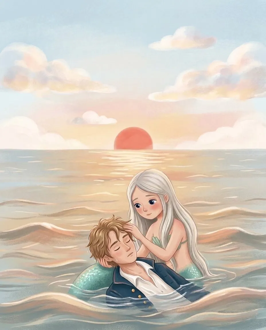 Entre les vagues, la sirène tient hors de l'eau la tête du prince endormi