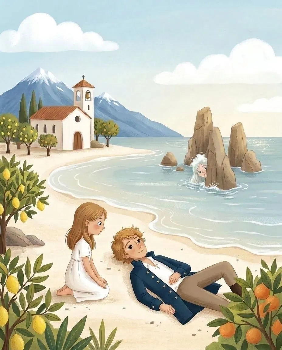Une jeune fille trouve le prince sur la plage de sable, et la sirène les observe, cachée derrière un rocher