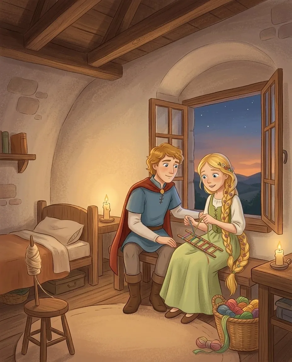 Raiponce et le fils du roi sont assis près de la petite fenêtre de la tour et se parlent gentiment