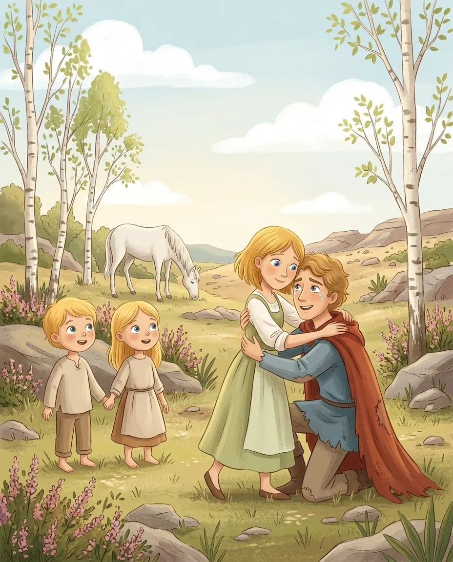 Raiponce serre le fils du roi dans ses bras dans une clairière ensoleillée, à côté d'un petit garçon et d'une petite fille