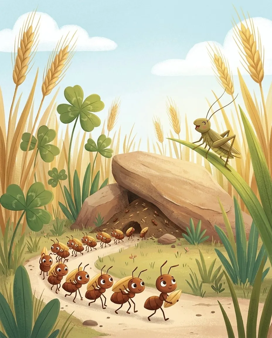 Des fourmis en file portent des grains de blé à travers la prairie, et la cigale chante sur un brin d'herbe
