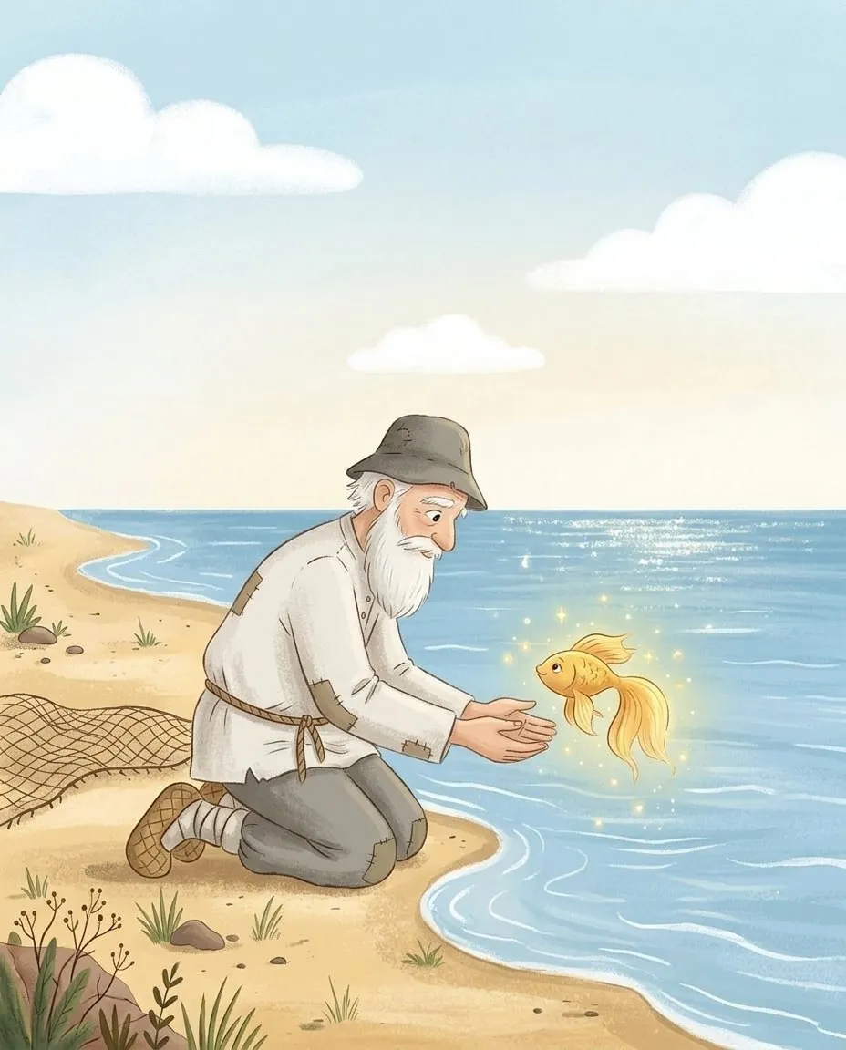 Depuis sa barque près du rivage, le vieil homme rend doucement le petit poisson d'or à la mer