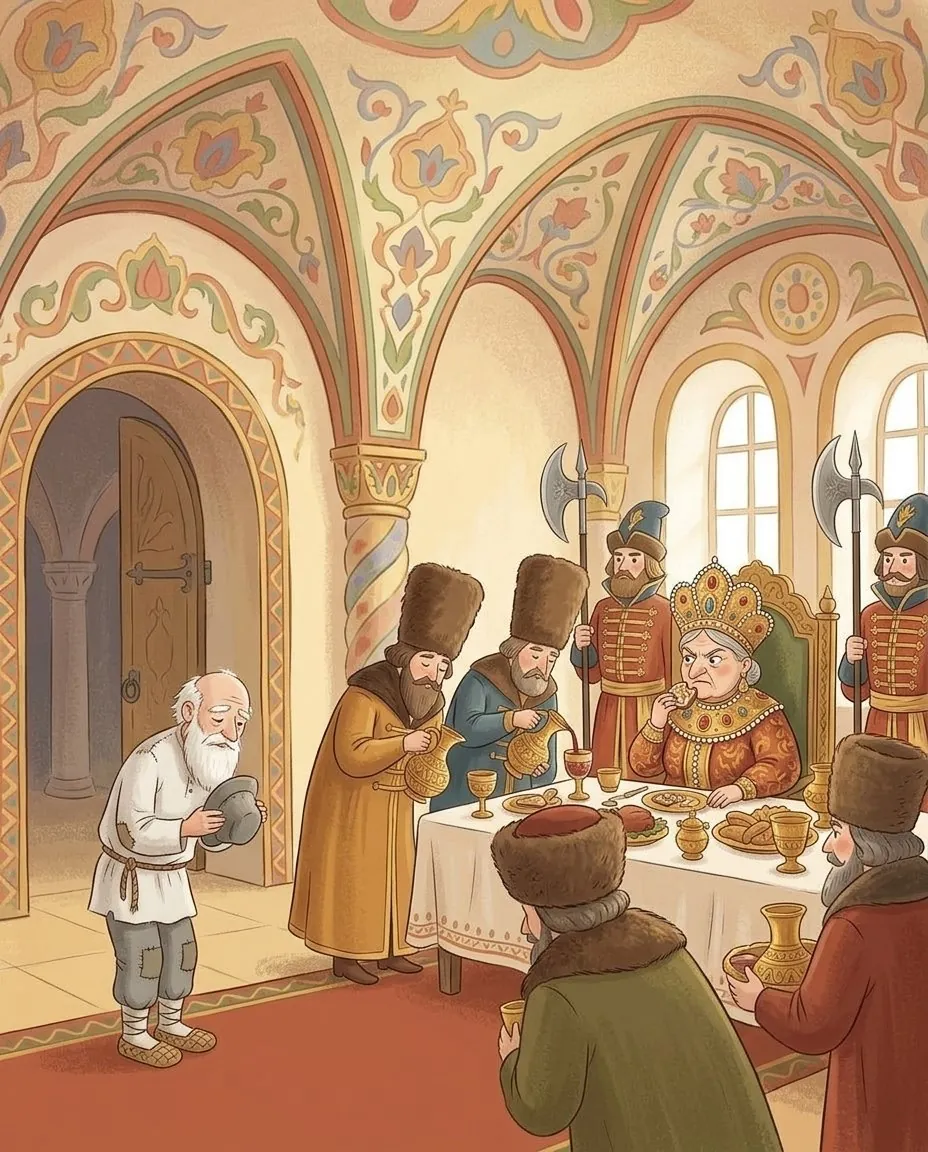 La vieille est assise en tsarine à une table richement servie, entourée de boyards et de gardes