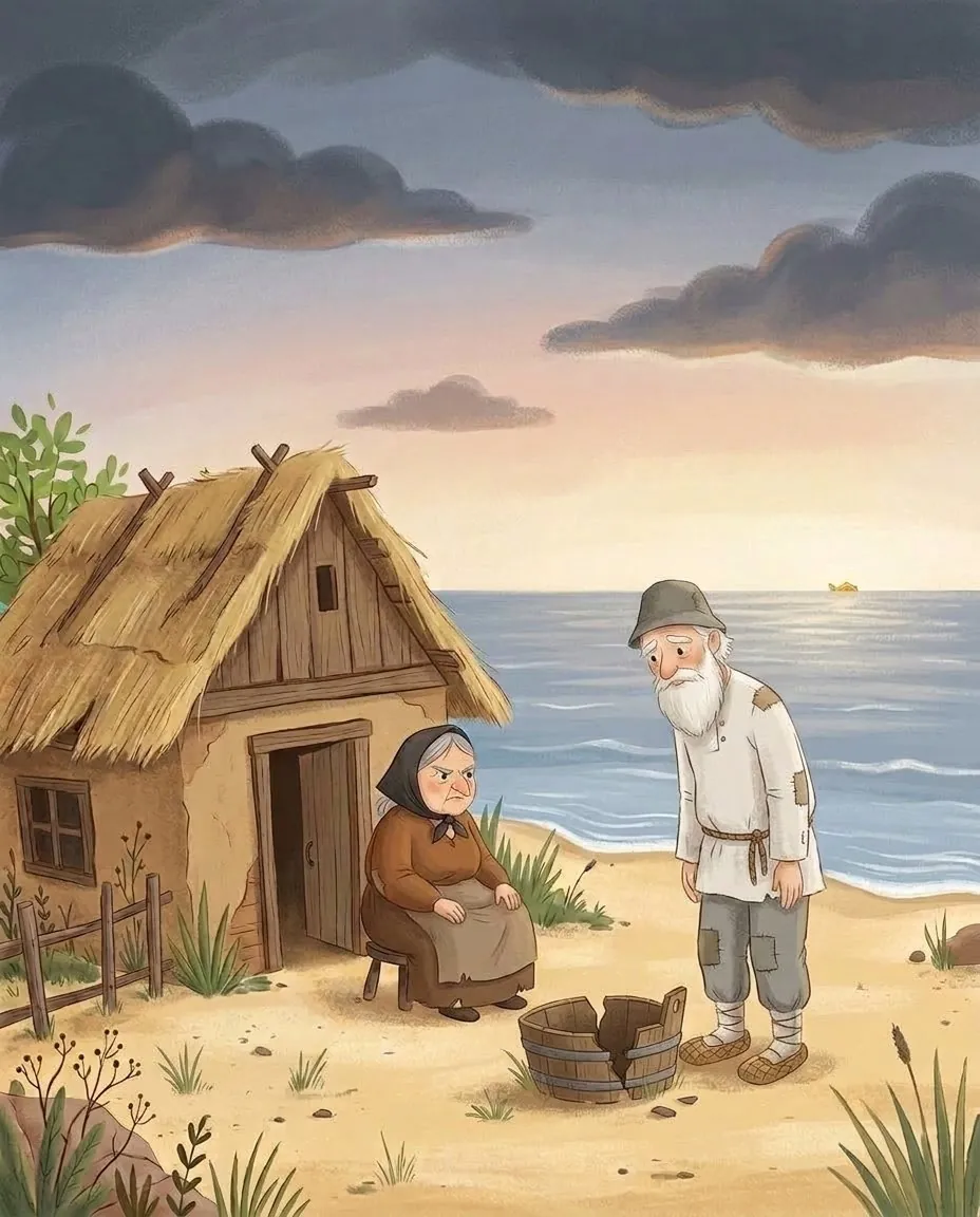 La vieille est assise sur le seuil de la vieille cabane devant le baquet fendu, et le vieux se tient à côté d'elle