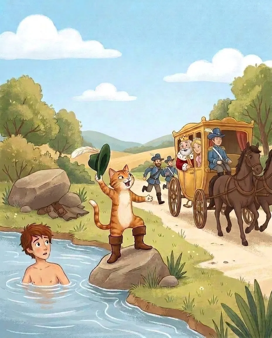 Au bord de la rivière, le chat agite son chapeau, le roi et la princesse regardent par la portière du carrosse, et un jeune homme se baigne dans l'eau