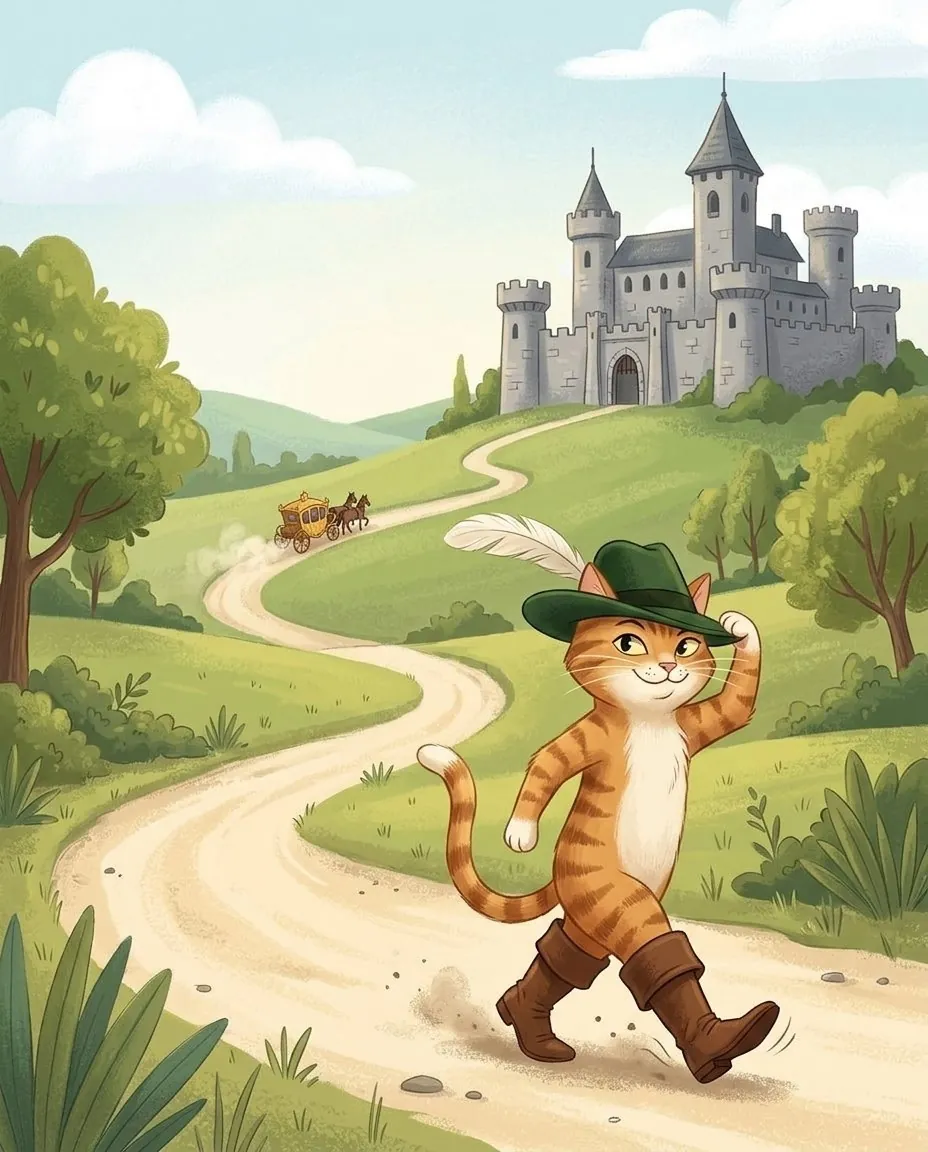 Le chat botté marche gaiement sur la route vers le château de l'ogre, et derrière lui arrive le carrosse du roi