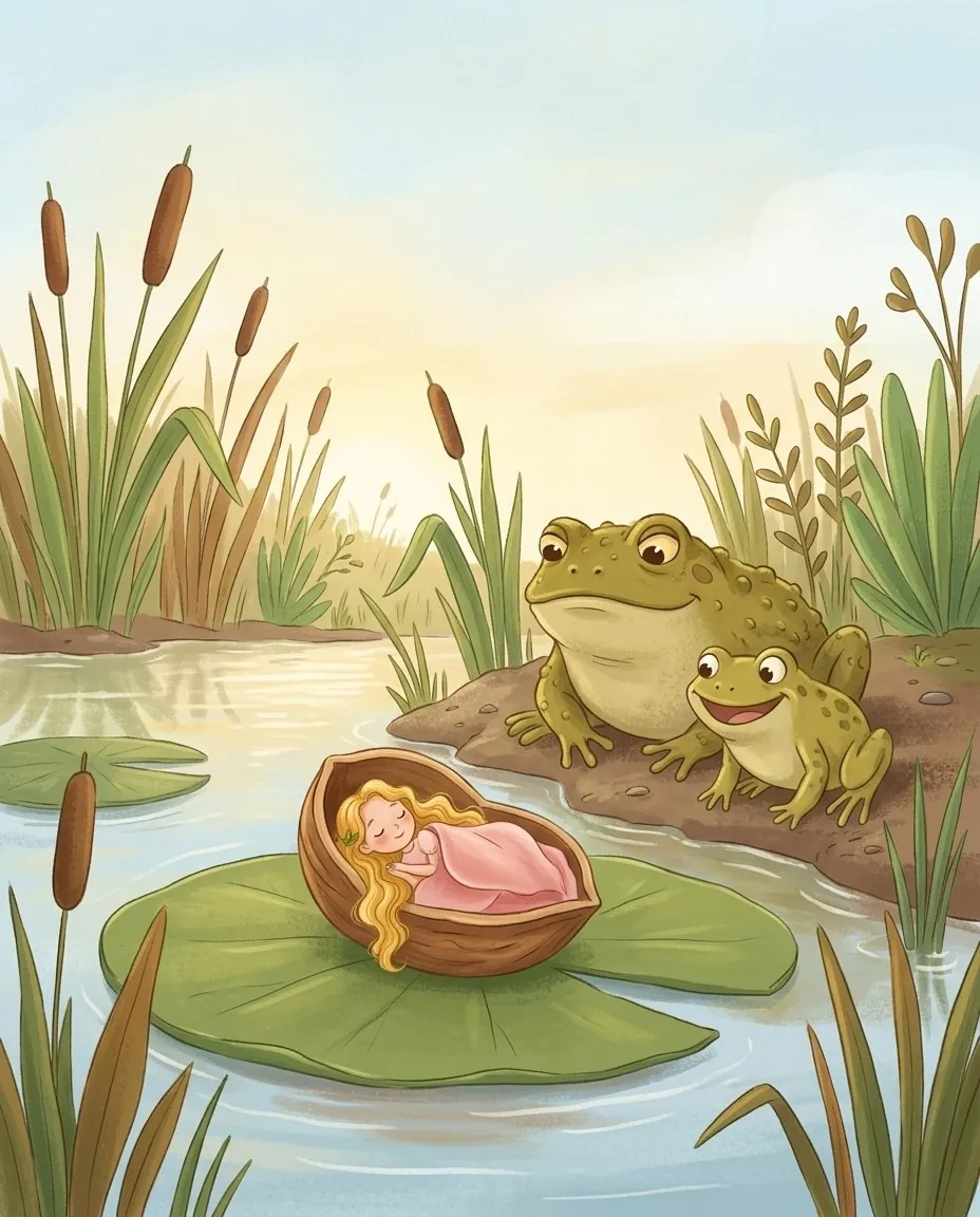 Une grosse maman crapaud et son fils regardent Poucette qui dort dans une coquille de noix au bord de la rivière