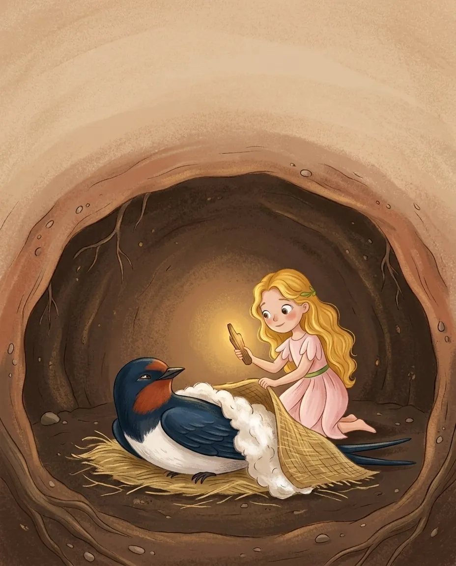 Dans le tunnel sombre, Poucette couvre l'hirondelle d'une couverture de foin, un morceau de bois lumineux à la main