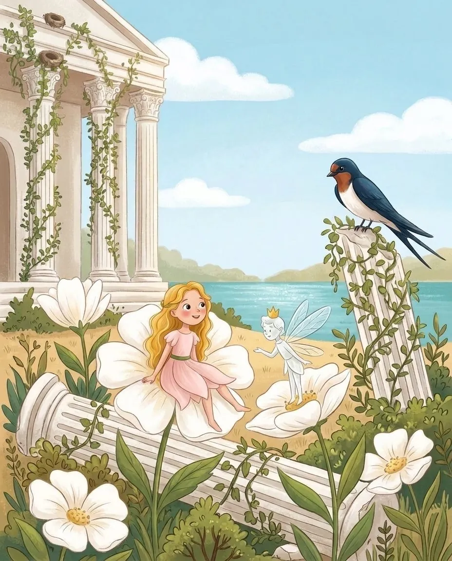 Un petit prince transparent à la couronne d'or accueille Poucette dans une grande fleur blanche