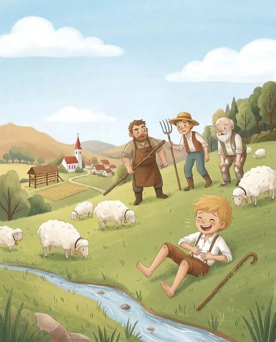 Les villageois arrivent au pâturage avec leurs fourches, et le berger se roule par terre de rire
