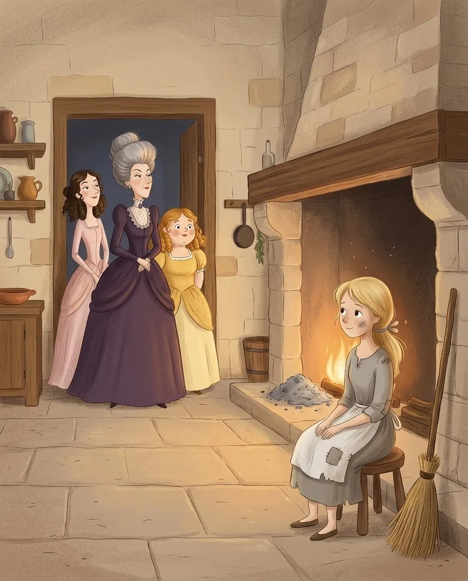 Cendrillon, en robe grise usée et tablier, est assise au coin de la cheminée près des cendres, tandis que sa belle-mère et ses deux sœurs en belles robes passent le nez en l'air