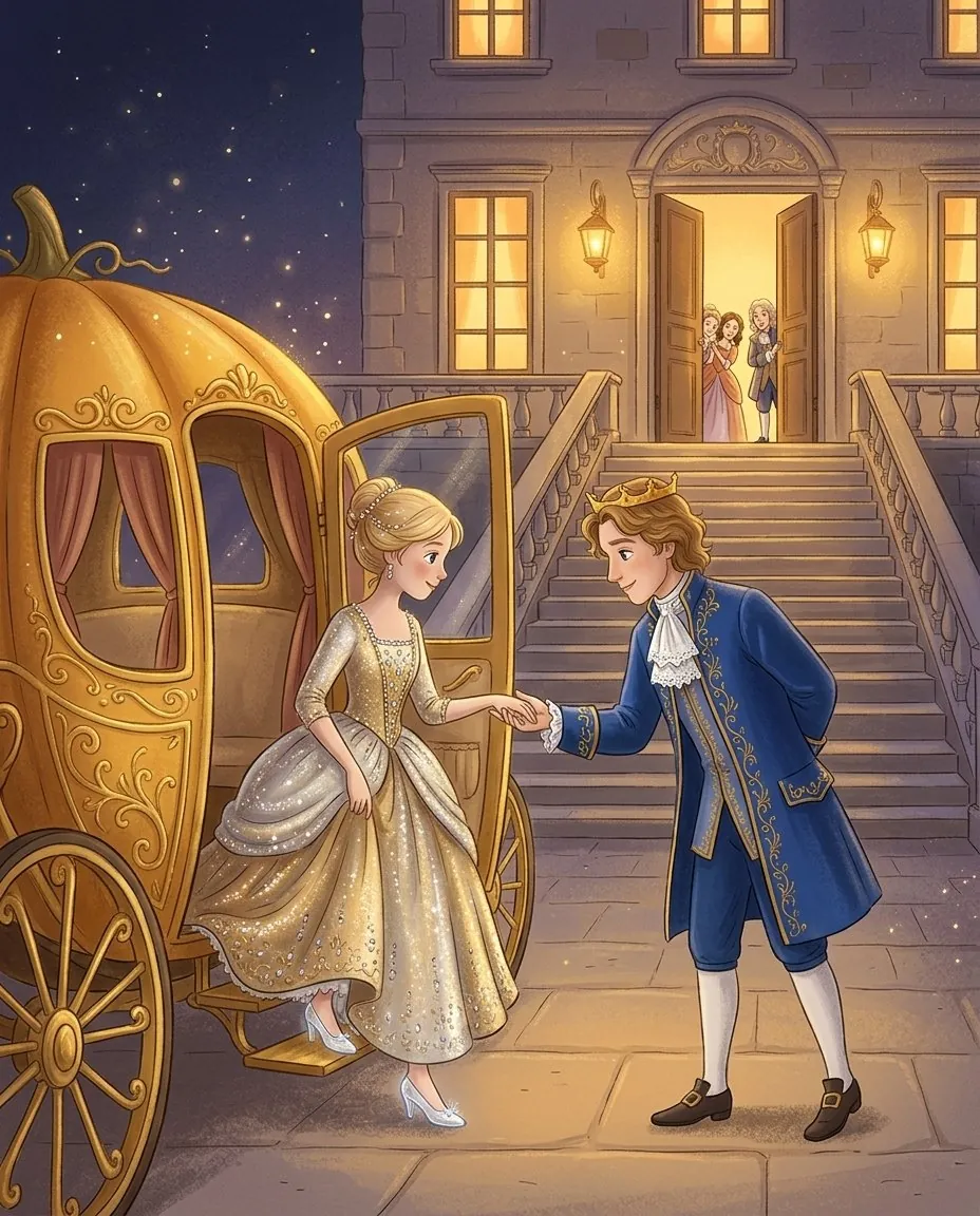 Au pied de l'escalier du palais illuminé, le fils du roi donne la main à Cendrillon, en robe d'or et d'argent, qui descend du carrosse doré