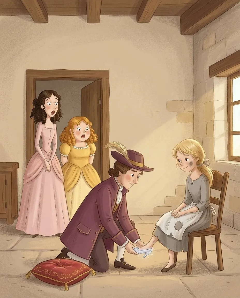 Un gentilhomme à genoux essaie la pantoufle de verre au petit pied de Cendrillon, assise en robe grise, sous les yeux ébahis de ses deux sœurs