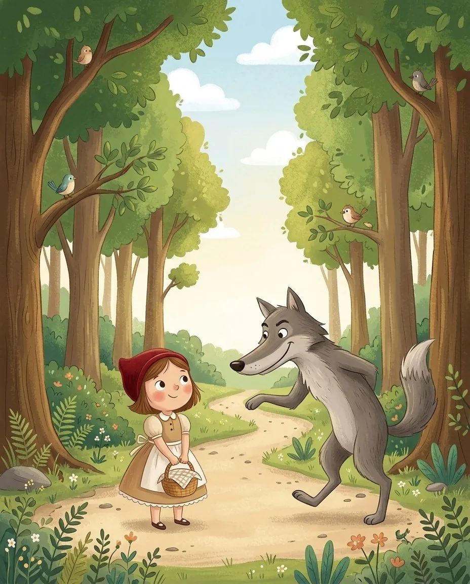 Sur le chemin de la forêt, le Petit Chaperon rouge rencontre un loup au sourire aimable