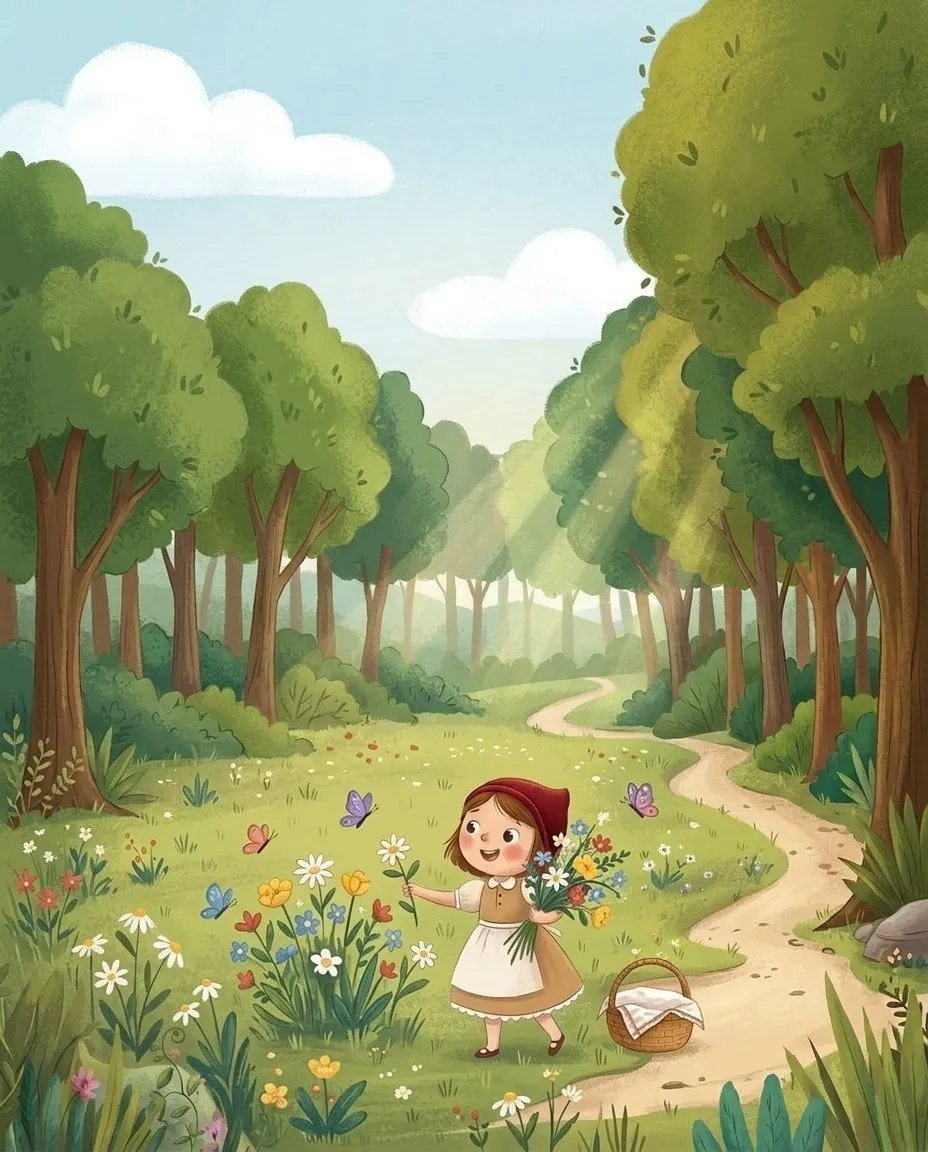 Le Petit Chaperon rouge cueille des fleurs dans une clairière ensoleillée