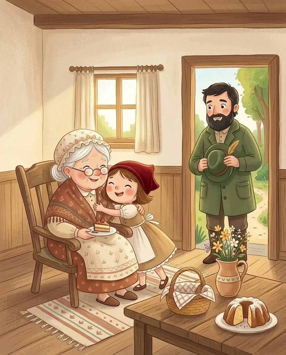 La grand-mère, le Petit Chaperon rouge et le chasseur sont assis gaiement à table avec le gâteau
