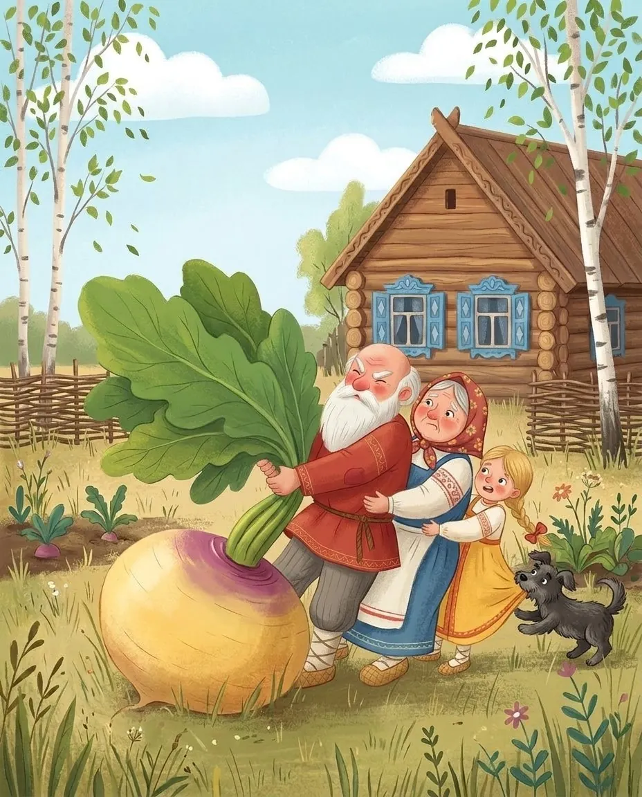 Le grand-père, la grand-mère, la petite-fille et la petite chienne tirent le navet, à la file