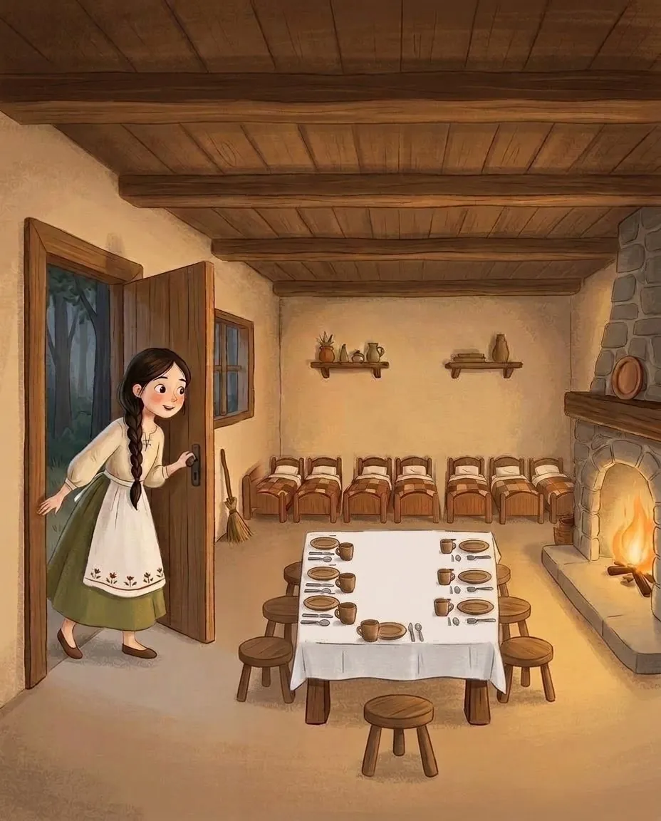 Blanche-Neige regarde, émerveillée, la petite table aux sept petites assiettes et les sept petits lits