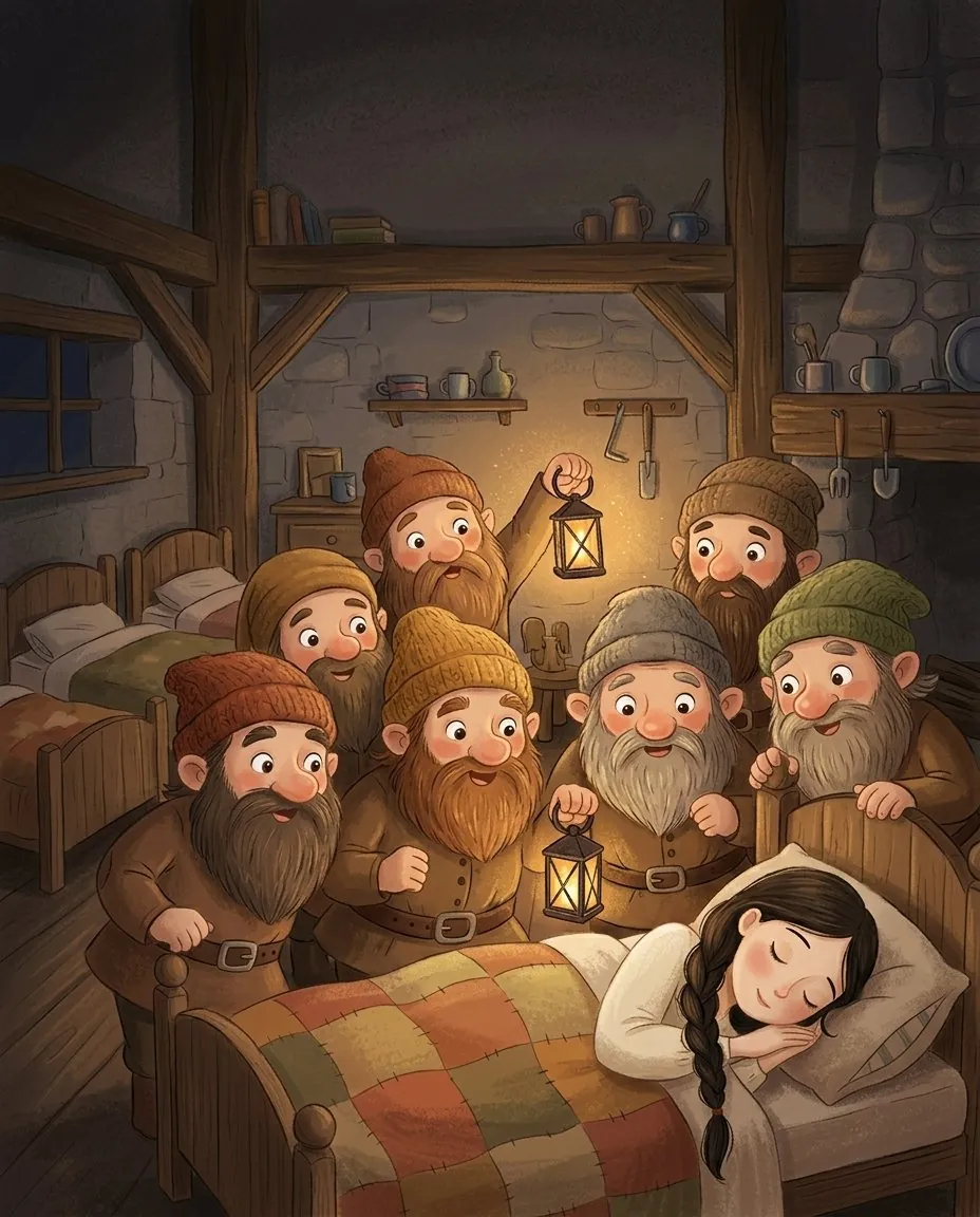 Sept nains avec leurs petites chandelles se penchent sur le petit lit où dort Blanche-Neige