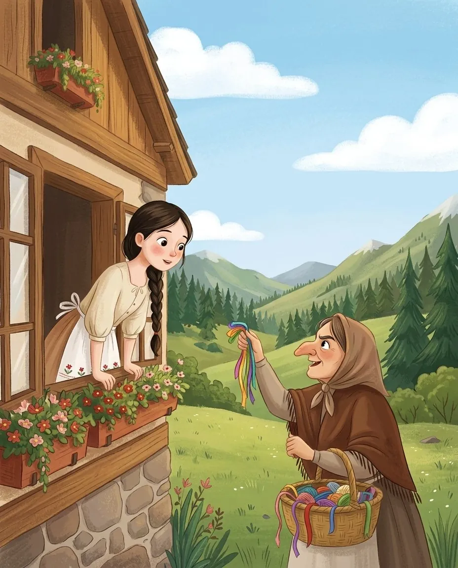 La reine, déguisée en vieille marchande, offre des lacets de toutes les couleurs à Blanche-Neige à la fenêtre