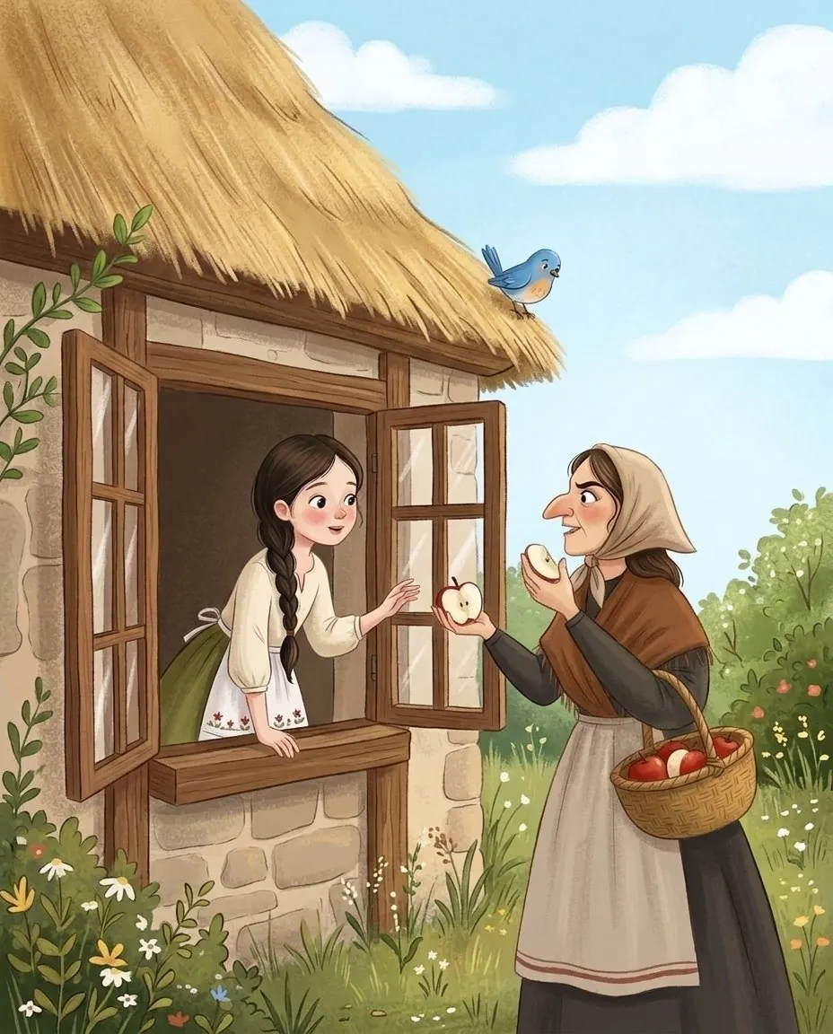 Une paysanne tend une belle pomme rouge à Blanche-Neige par la fenêtre de la petite maison