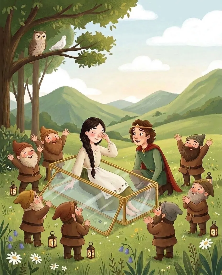 Blanche-Neige se réveille dans le cercueil de verre, et le fils du roi et les nains se réjouissent