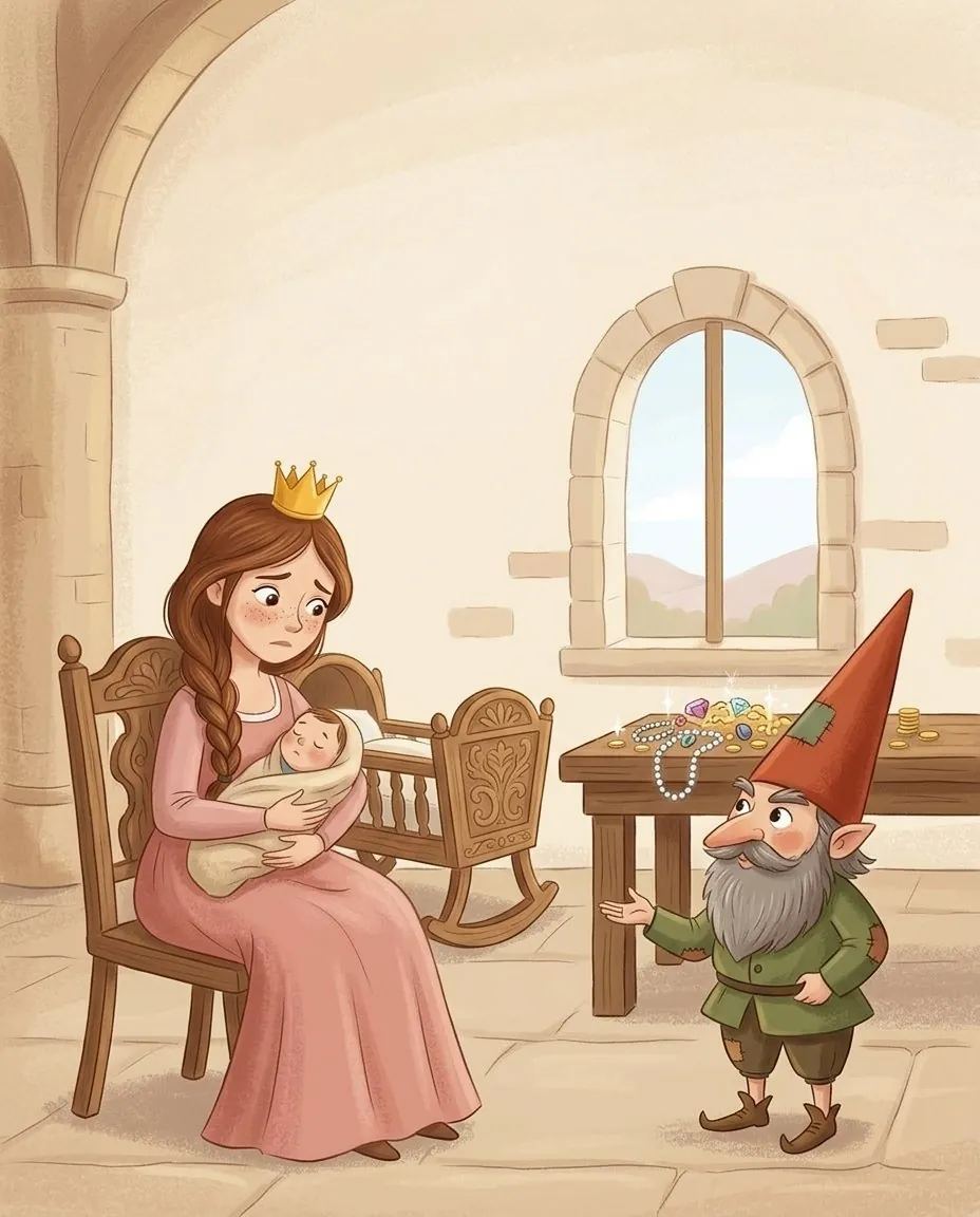 La reine tient son enfant dans ses bras, et devant elle le petit bonhomme tend la main