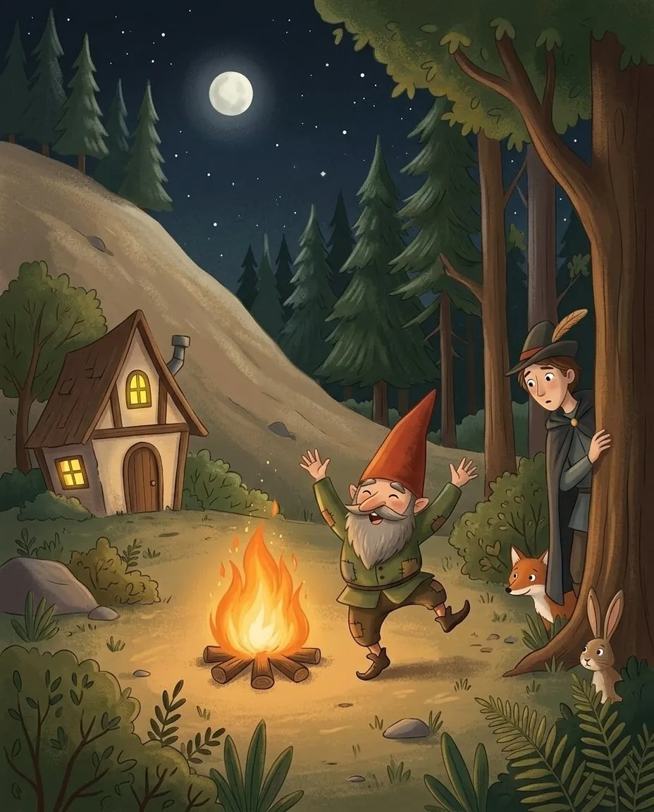 La nuit, dans une clairière, un drôle de petit bonhomme sautille sur une jambe autour d'un feu devant une petite maison